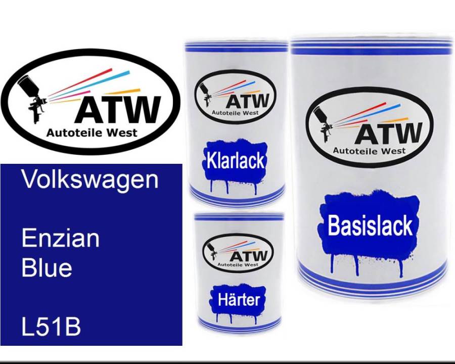 Volkswagen, Enzian Blue, L51B: 500ml Lackdose + 500ml Klarlack + 250ml Härter - Set, von ATW Autoteile West.